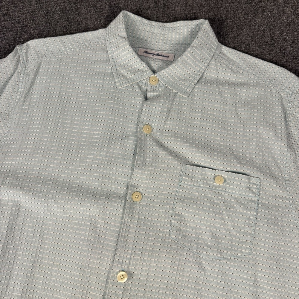 Tommy Bahama Shirt Mens L Blue Gray Dotted Micro Geometric Button Up Casual